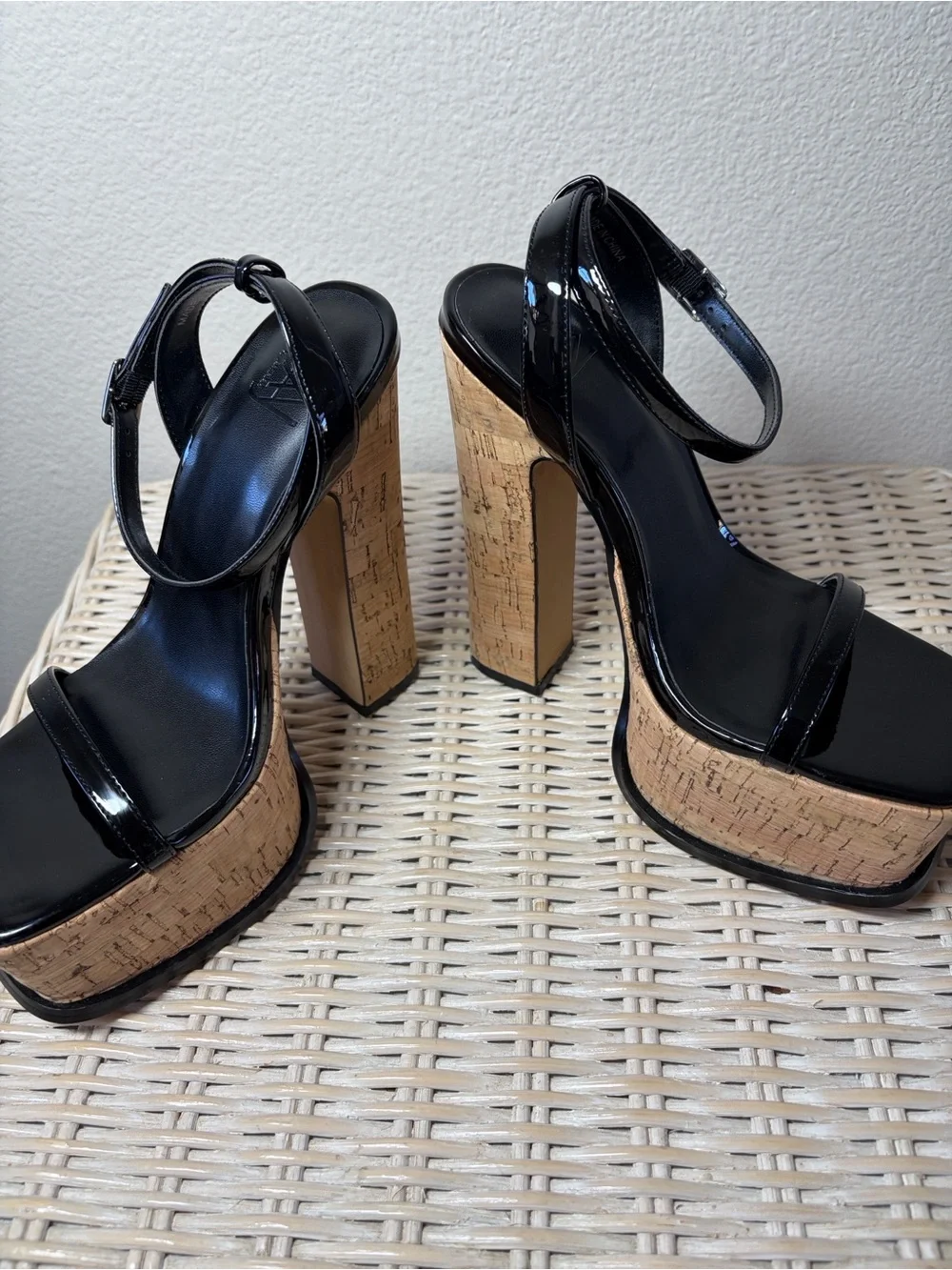 Black Patent Cork Platform Sandals with Ankle Strap